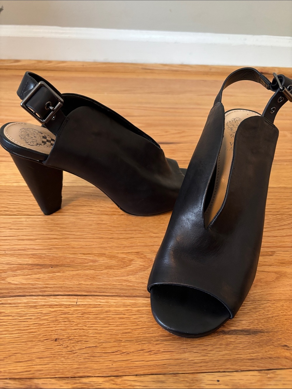 Vince Camuto Kembia Black Leather Slingback Peep Toe Heels - Size 8.5
